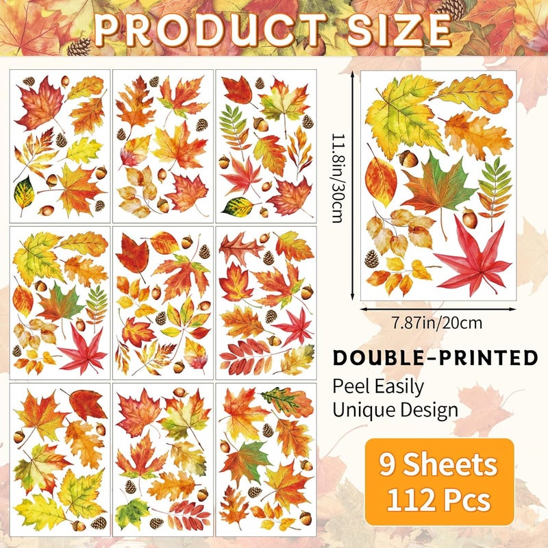 Litmitfu 112 Pcs Fall Thanksgiving Window Clings - Happy Thanksgiving Glass Window Decorations, Fall Maple Leaves Stickers Decals Set for Indoor Outdoor Home Decoration Autumn Party Decor Favors, 9 Sheets - Image 3